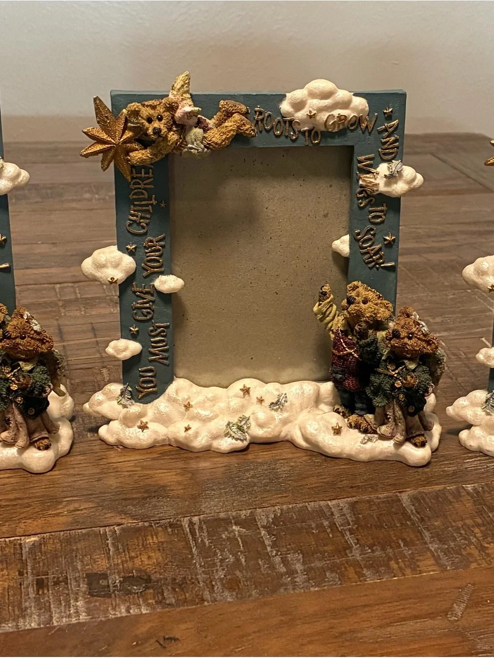 3 Blue Teddy Bear Picture Frames with Gold Accents